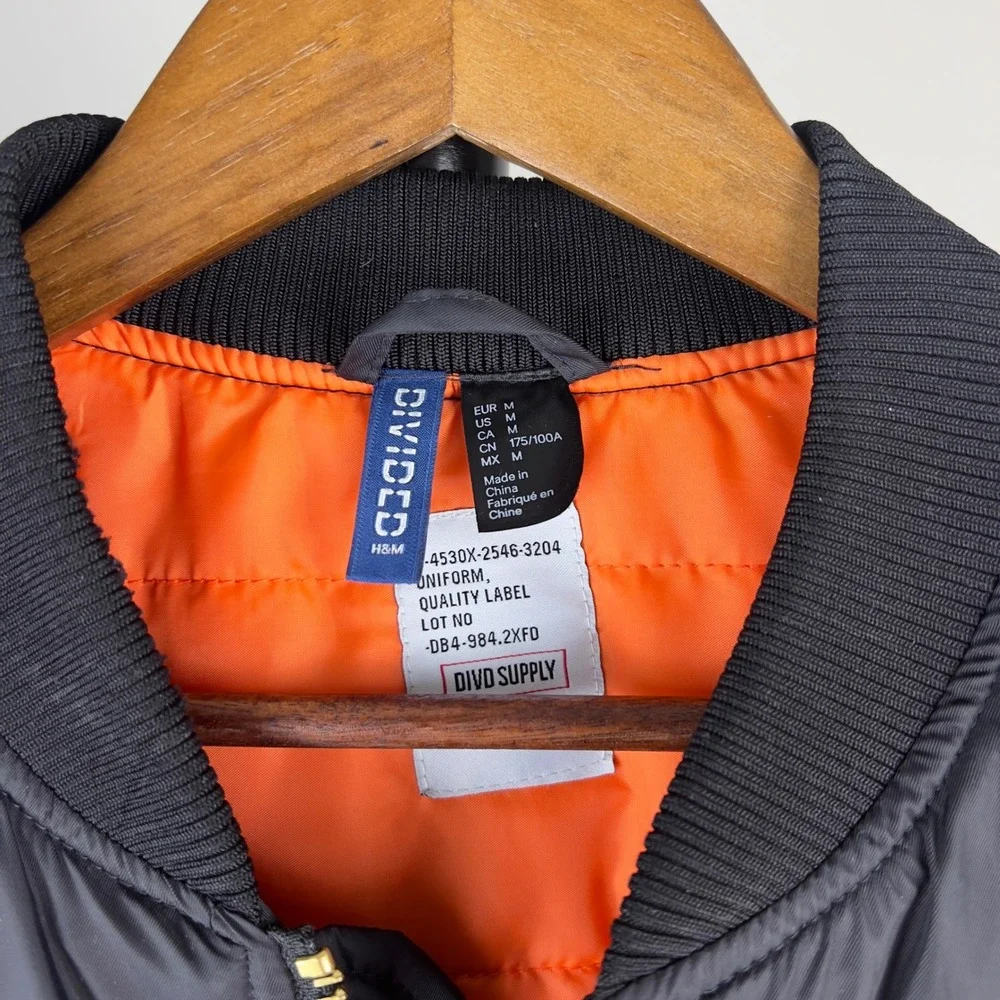 HM Divided Mens LA Patch Bomber Jacket Black Orange Lining Medium Streetwear MA1